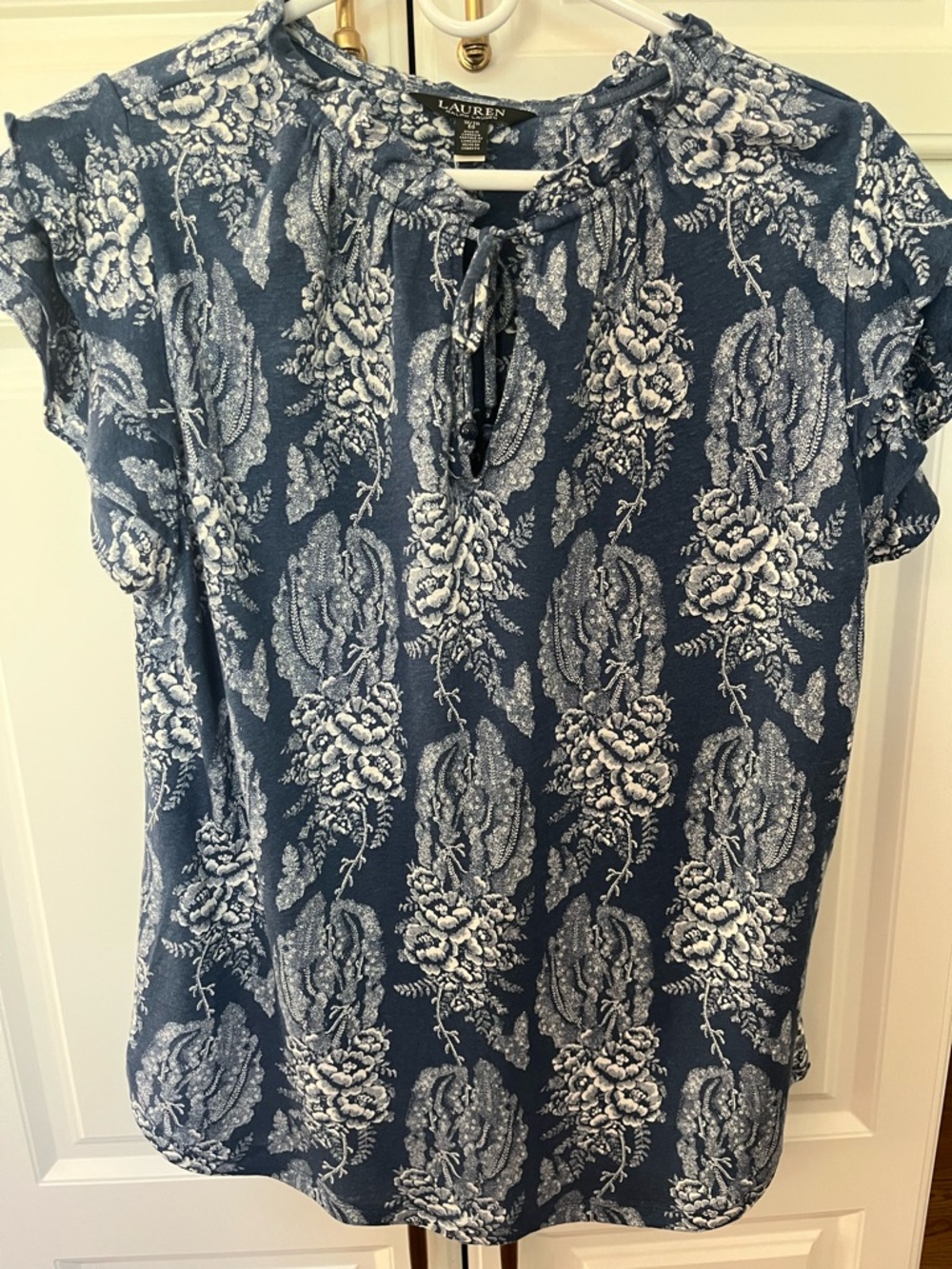 Ralph Lauren Navy & White Floral Tie-Neck Blouse
